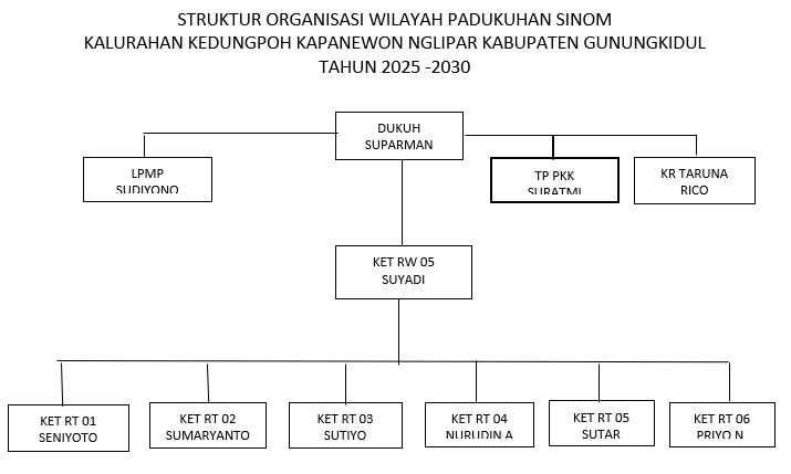 Bagan struktur organisasi wilayah Padukuhan Sinom tahun 2025 sampai 2030, dari Dukuh, LPMP, TP PKK, Karang Taruna, Ketua RW 05, sampai enam ketua RT