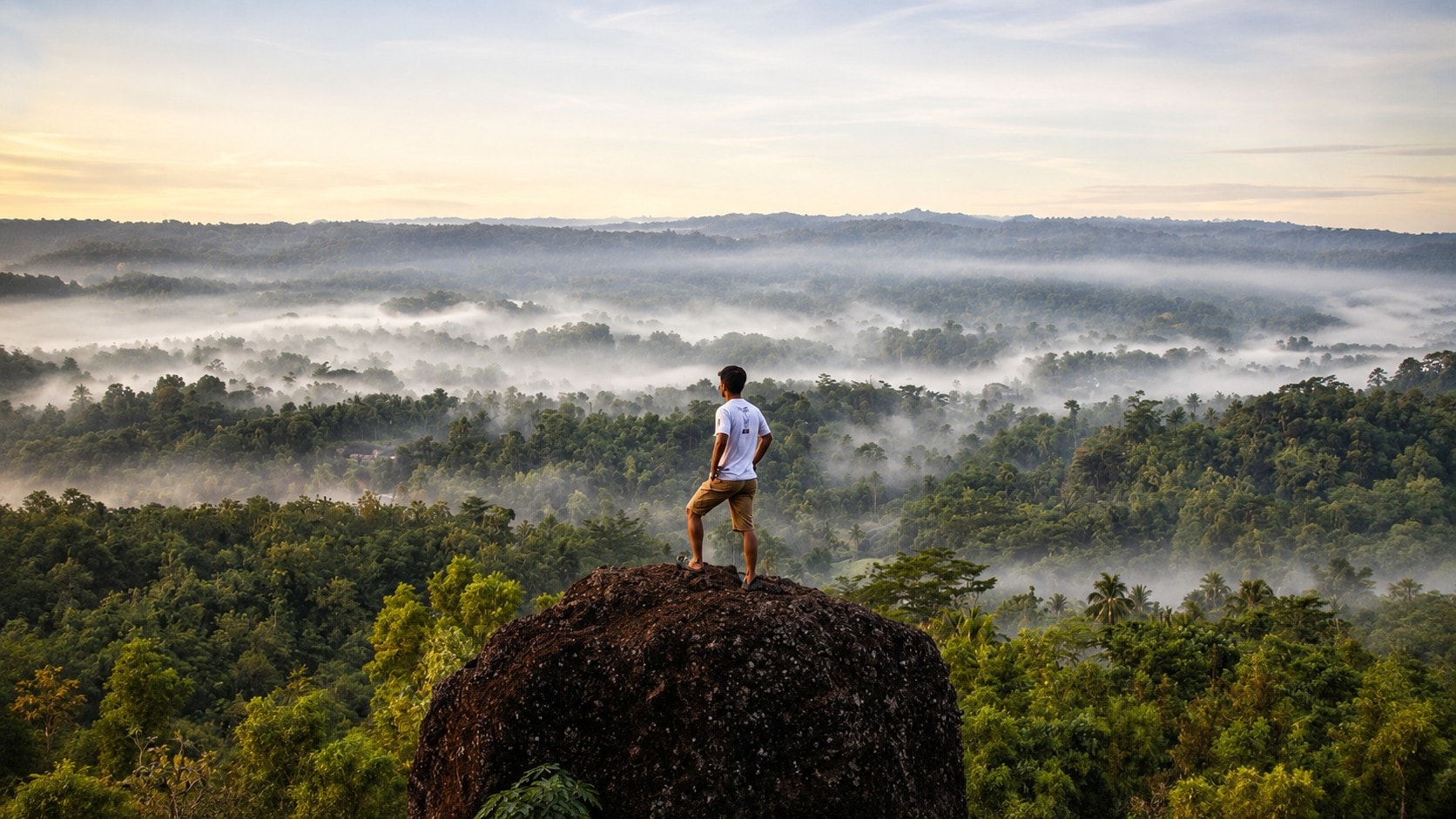 Seorang warga berdiri di atas batu Bukit Watu Gede memandang lembah berkabut Padukuhan Sinom saat matahari terbit