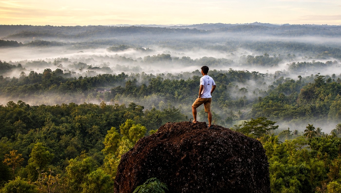 Panorama Bukit Watu Gede pada pagi hari dengan kabut menyelimuti lembah